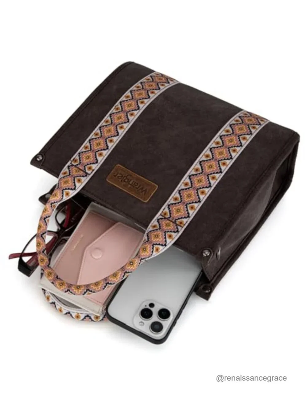 Western Faux Leather Aztec Tote Satchel Bag with Detachable Strap